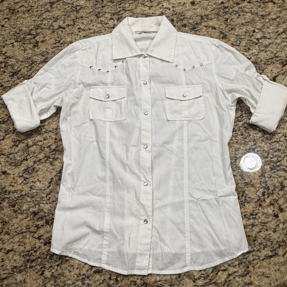 Lee Cooper Womens White Studded Western Snap Button Down Shirt Size M Roll Tab v